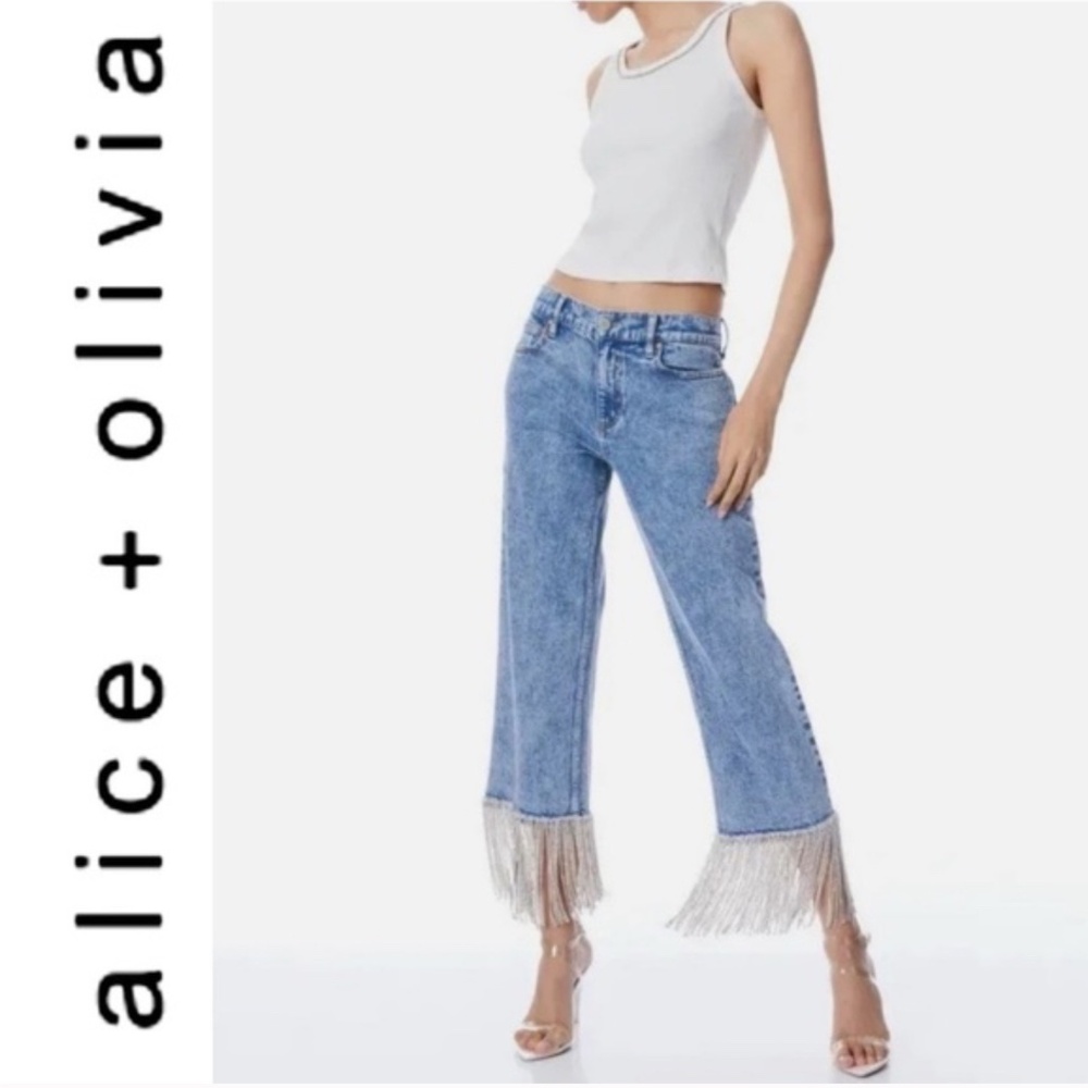 Alice + Olivia HIGH RISE BOYFRIEND WITH CRYSTAL FRINGE HEM JEAN - SIZE 28
